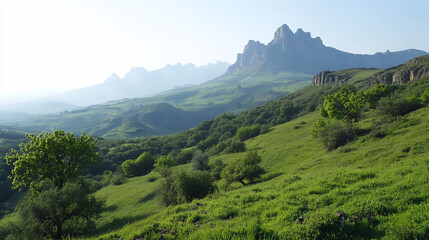 Naklejka premium Lush mountain valley at dawn