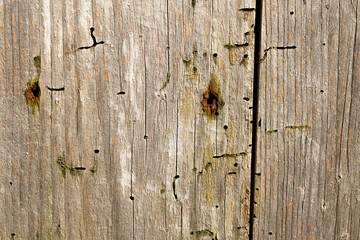 Old weathered wooden fence with cracks and nail holes
