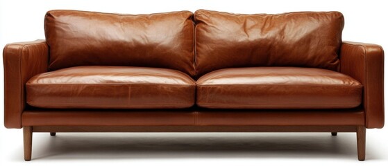 Luxurious cognac leather sofa with plush cushions and wooden frame in a bright studio setting showcasing modern furniture design and comfort