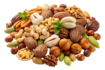 Mixed nuts and dried fruits on a transparent background. Mixed nuts. Organic healthy food. Close-up