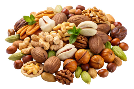 Mixed nuts and dried fruits on a transparent background. Mixed nuts. Organic healthy food. Close-up