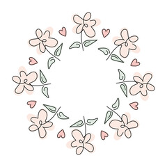 Round frame with flowers   in doodle style. Hand drawn circle border.
