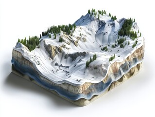 3D cutaway of mountain slope with avalanche control tech, showing snow nets, dynamic barriers, vegetation anchoring, and layered terrain analysis, clean white background