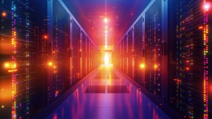 Futuristic server corridor with colorful neon reflections and glowing orange, pink, and blue lights, ideal for cloud computing, cybersecurity, digital storage, and high-tech network visuals