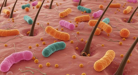 Examining Skin Surface with Bacteria and Hair Follicles Close Up