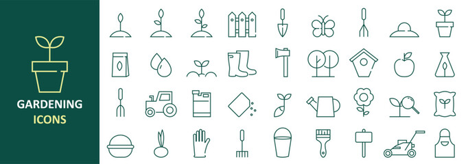 Set of linear gardening icons. Collection of minimalistic garden tools, plants, seeds and eco farming symbols. Hand drawn style. Perfect for eco projects, gardening websites, prints and infographics.