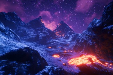 Naklejka premium Nighttime snow-capped mountains, glowing lava