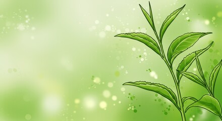 Fototapeta premium Green tea leaves on a soft gradient background with light bokeh effects, creating a fresh and calming atmosphere