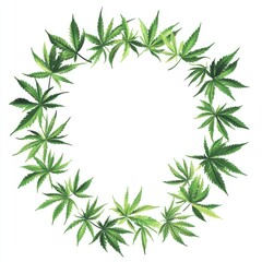 Watercolor cannabis leaf wreath illustration on white background for design