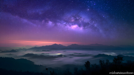 Fototapeta premium Milky Way Panorama Over Misty Mountains: A stunning panoramic view of the majestic Milky Way galaxy gracefully arched over a landscape of mist-covered mountains, creating a celestial spectacle.