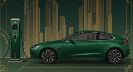 Stylish green electric car parked beside a vintage charging station, set against an Art Deco-inspired background, conveying a sense of modernity and nostalgia