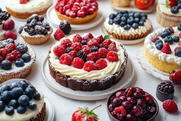Assorted desserts featuring berries on a table during a delightful gathering, Assorted desserts with berries on table