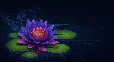 Vibrant purple lotus flower blooming on tranquil lily pads, set against a tech-inspired dark background, symbolizing harmony and innovation