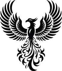 Bold Black And White Phoenix Rising. Vector Illustration Isolated On White