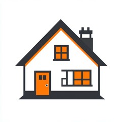 Simple illustration of a modern house with orange accents and a chimney in a minimalistic style