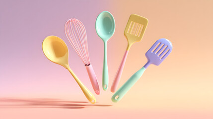 Culinary Palette: A vibrant array of kitchen utensils, artfully arranged against a gradient backdrop of pastel hues, celebrating the joy and art of culinary creativity.