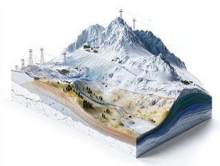 3D cutaway of mountain slope with avalanche control tech, showing snow nets, dynamic barriers, vegetation anchoring, and layered terrain analysis, clean white background