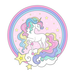 Magic white unicorn on a cloud and rainbow. Round composition. For children's design of prints, posters, cards, stickers, puzzles, etc. Vector illustration