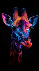 Vibrant depiction of a giraffe showcasing colorful patterns and textures against a dark background