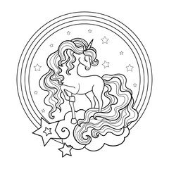 Beautiful unicorn on a cloud with a rainbow. Round composition. Black and white drawing. Isolated on a white background. For children's design of coloring books, prints, posters, cards, stickers, etc.