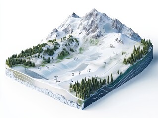 3D cutaway of mountain slope with avalanche control tech, showing snow nets, dynamic barriers, vegetation anchoring, and layered terrain analysis, clean white background