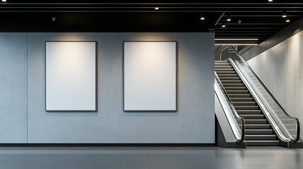 Obraz premium Modern concrete hallway with blank posters and escalator