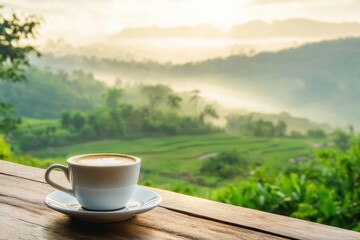 Enjoying a warm cup of coffee while overlooking the lush green countryside at sunrise, Cup of coffee on table with lush green countryside view and morning mist Relaxation concept
