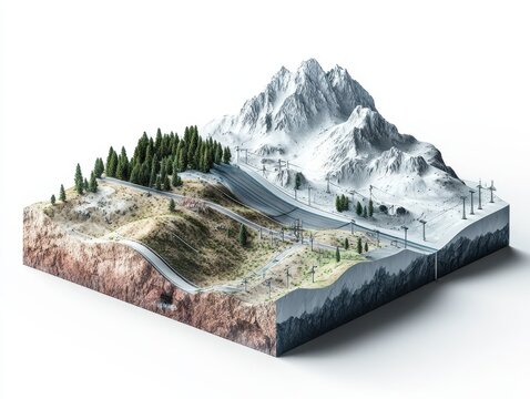 3D cutaway of mountain slope with avalanche control tech, showing snow nets, dynamic barriers, vegetation anchoring, and layered terrain analysis, clean white background
