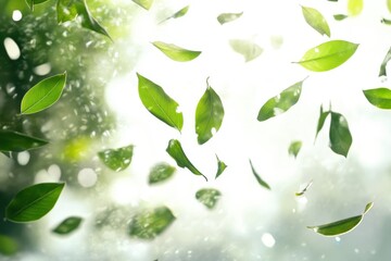 Bright sunlight illuminating green leaves gently falling in a serene natural setting, Green leaves are falling down in front of a bright white light