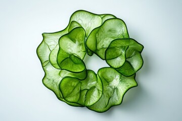 Fresh green cucumber slices, a healthy and juicy vegetable ingredient, are isolated on a white background