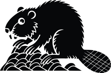 Bold Black And White Beaver Building Dam. Vector Illustration Isolated On White