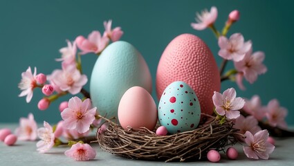 Colorful painted easter eggs rest in a traditional nest, a symbol of spring holiday celebration