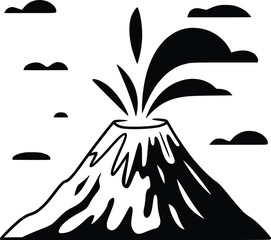Bold Black And White Volcano Erupting. Vector Illustration Isolated On White