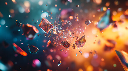 Burst of prismatic shards suspended in a dark void abstract background 