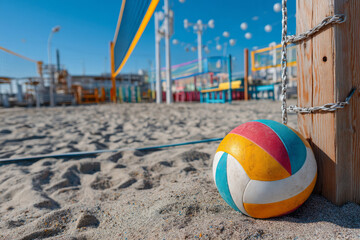 Colorful volleyball resting by post on beach court during sunny day