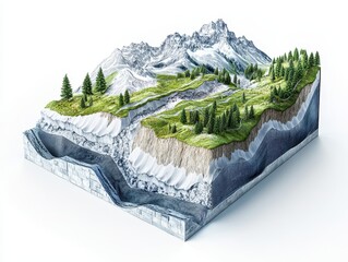 3D cutaway of mountain slope with avalanche control tech, showing snow nets, dynamic barriers, vegetation anchoring, and layered terrain analysis, clean white background