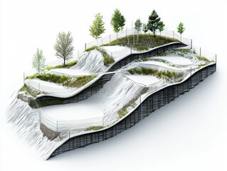 3D cutaway of mountain slope with avalanche control tech, showing snow nets, dynamic barriers, vegetation anchoring, and layered terrain analysis, clean white background