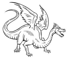 Flying fairy dragon. Fairytale animal. Fantasy character. Scary fantasy hero. Cartoon vector illustration. Black and white sketch. Hand drawn style outline