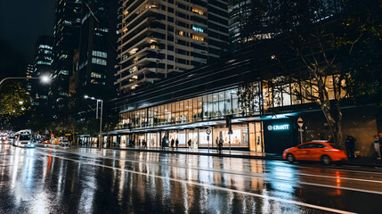 Fototapeta premium with neon reflections on wet streets and crowds moving through