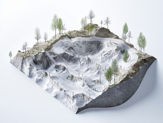 3D cutaway of mountain slope with avalanche control tech, showing snow nets, dynamic barriers, vegetation anchoring, and layered terrain analysis, clean white background
