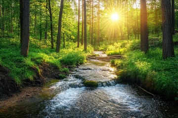 Obraz premium Sunlight streaming through trees over a tranquil stream in a lush green forest, Beautiful forest is a stream running through it with bright sun shining through the trees