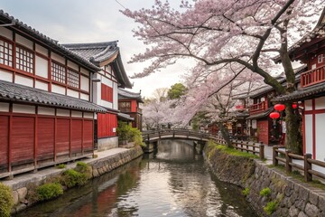 Fototapeta premium Traditional Japanese Architecture with Cherry Blossoms Along a Canal at Dusk
