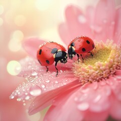 This image captures two vivid ladybugs on a delicate pink flower, with droplets of water enhancing their vibrant appearance, embodying the essence of spring and harmony in 

