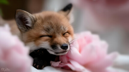 Obraz premium fox curled up in a giant soft flower