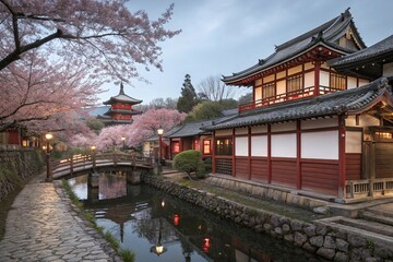 Obraz premium Traditional Japanese Architecture with Cherry Blossoms Along a Canal at Dusk
