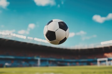 Naklejka premium Ball in mid-air during a football play at a stadium under a clear blue sky, a ball fly rotation throw above at football stadium Photo in background sport concept
