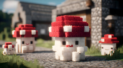 village with mushroom houses and smiling critters