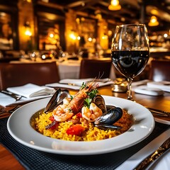 Seafood Paella with Shrimp, Mussels, and Saffron Rice in a Fine Dining Setting