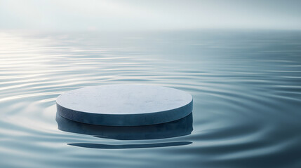 A serene stone platform floats on calm water.