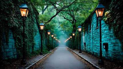 covered in ivy with glowing street lamps and mist
